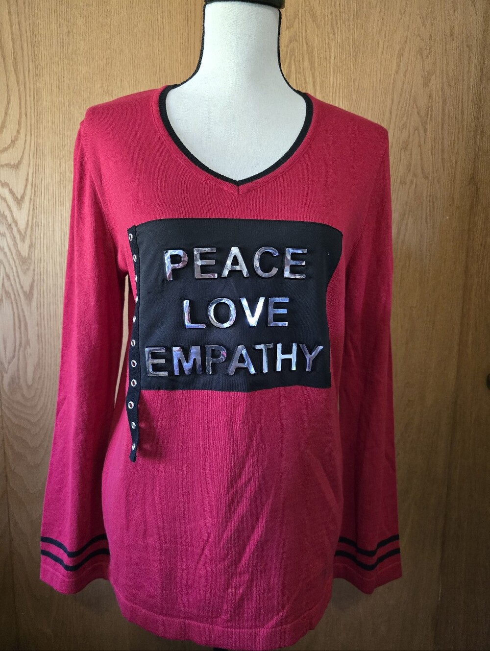 Tricotto Red and Black V-Neck Sweater with Bold Lettering NWT
